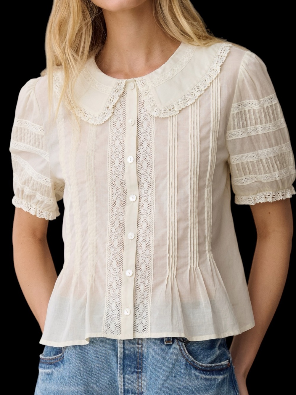 Few Moda Sorella Dorothy Lace-Trim Cream Puff Sleeve Blouse Cotton Top NWT